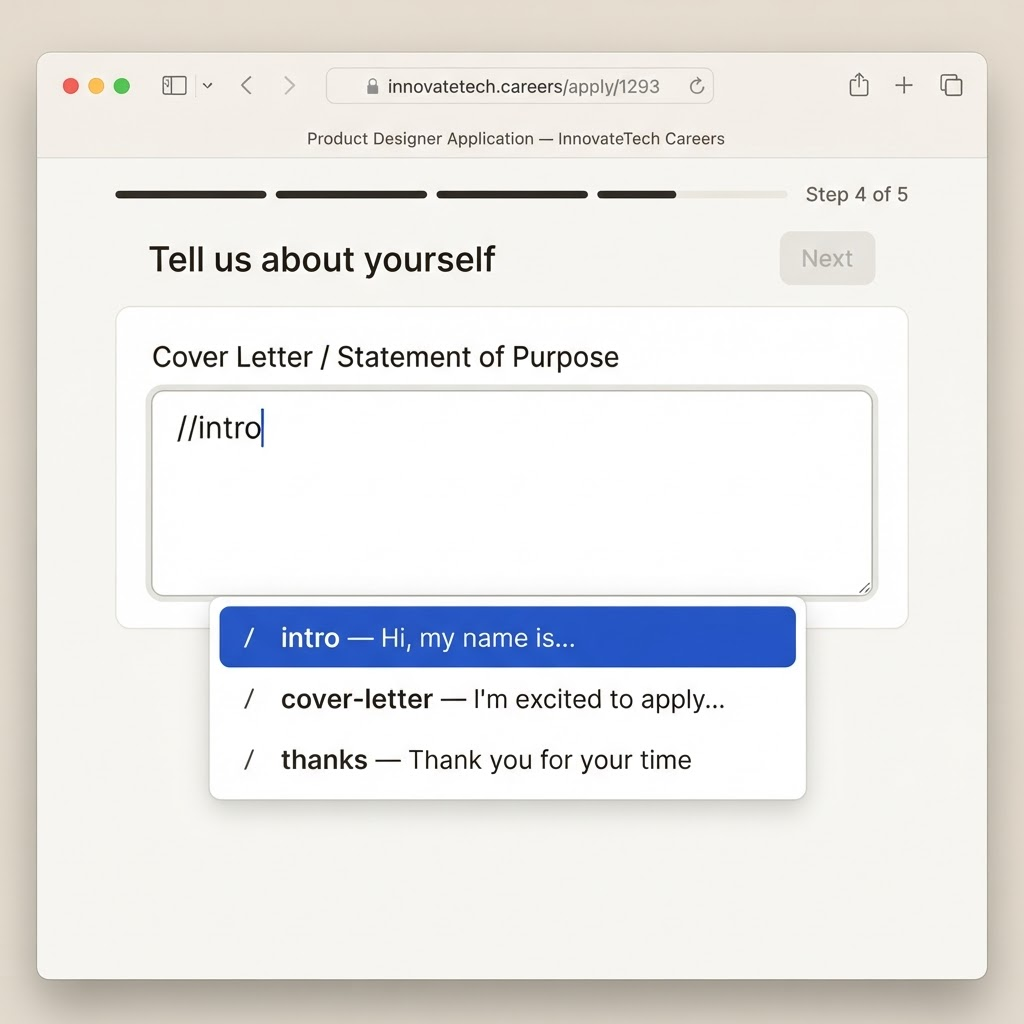 SlashApply slash command menu open inside a job application form, showing template suggestions